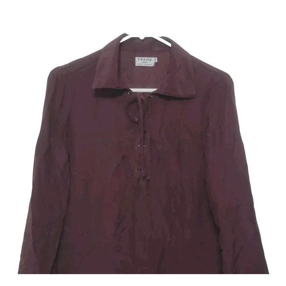 FRAME Le Lace Up Blouse Womens Size M 100% Silk Mahogany Maroon Tie Front - Picture 3 of 8